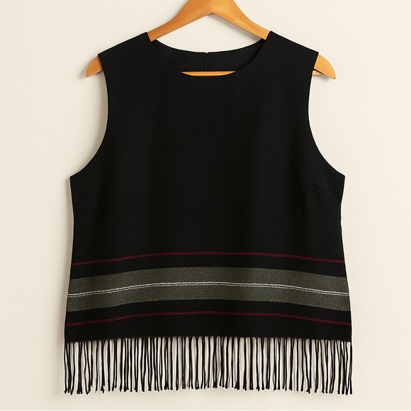 Vintage 90s Wool Blend Black Sleeveless Top w/ Fringe Hem Women’s Size 14 - Picture 2 of 9
